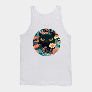 Happy Funny Black Cat In Flowers - Love Cats Tank Top